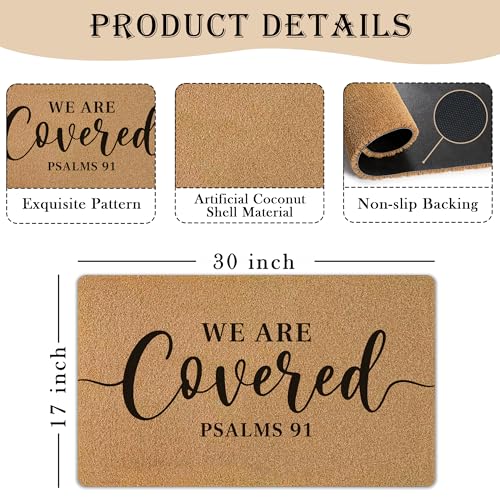 We are Covered Psalm 91 Door Mat, Christian Bible Verse Front Door Mat Rug Outdoor Indoor Entrance, Religious Scripture Artificial Coir Doormat for House Porch Patio Entry, 30x17 Inch