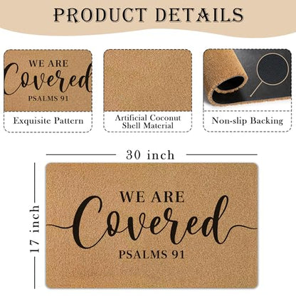 We are Covered Psalm 91 Door Mat, Christian Bible Verse Front Door Mat Rug Outdoor Indoor Entrance, Religious Scripture Artificial Coir Doormat for House Porch Patio Entry, 30x17 Inch