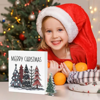 Smile 2Pcs Christmas Tree Decor Merry Christmas Square Wooden Sign | 5 x 5 Inches, Desk Table Shelf Office, Farm Decoration Kitchen - style: Christmas Trees