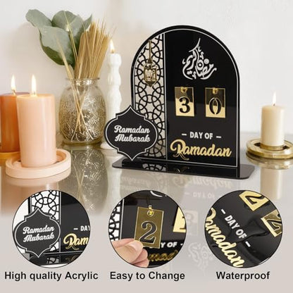 Acrylic Ramadan Countdown Calendar 2026, Black Eid Mubarak 30 Day Advent Calendar, Ramadans Decorations for Home, Indoor Islamic Table Stand Fireplace Office Desk Decor, Muslim Gifts for Kids