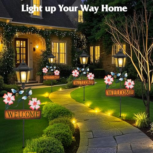 Lewondr Solar Garden Lights Bee, 37.4 Inch Solar Lamp Post Light with Welcome Sign & Bees, Outdoor Waterproof Solar Stake Lights for Yard Porch Patio Pathway Gardening Gifts, 2 Pack - style: Pink Flowers & Bees