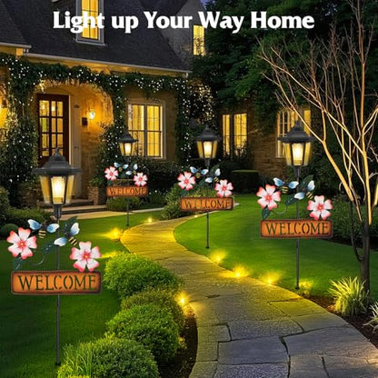 Lewondr Solar Garden Lights Bee, 37.4 Inch Solar Lamp Post Light with Welcome Sign & Bees, Outdoor Waterproof Solar Stake Lights for Yard Porch Patio Pathway Gardening Gifts, 2 Pack - style: Pink Flowers & Bees