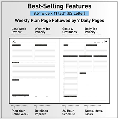 Daily Planner - Professional Life Planner, Calendar & Gratitude Journal to Increase Productivity, Time Management & Happiness - Vegan Leather Softcover, 6 Months, Undated 24 Hour Business Planner - color: Black, size: Large