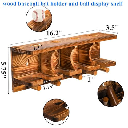 Tebery Wood Baseball Bat Holder and Ball Display Shelf Wall Mounted, Sports Memorabilia and Collectibles Floating Shelf Hanging Organizer Bat Rack