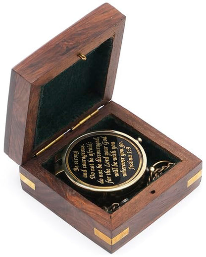 Be Strong and Courageous Do Not Be Afraid Brass Engraved Compass Black dial, with Stamped Wooden case, Birthday Gifts, Confirmation Gifts Ideas, Baptism Gifts,