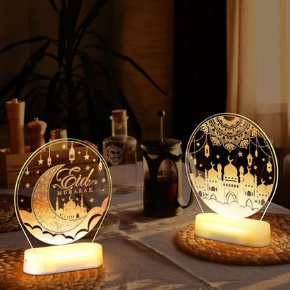 2 Pcs Ramadan Decorations Lights for Home Eid Mubarak Table Decor LED Ramadan Night Lights Crescent Moon Castle Lantern Centerpiece for Home Islamic Mosque Muslims Crafts Table Decor Eid Gifts(Cute) - style: Cute