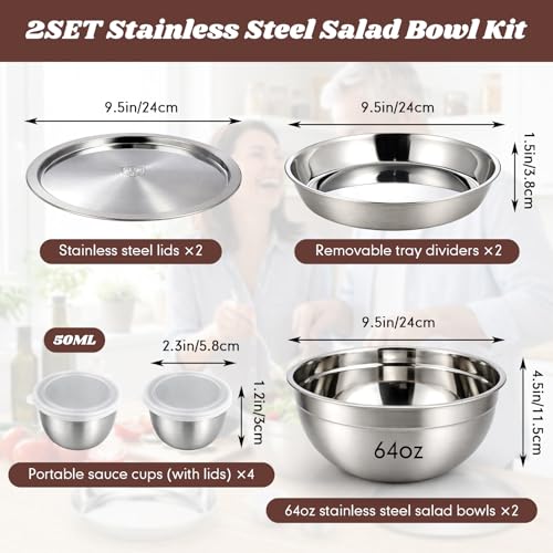 Didaey 10 Pcs 64oz Stainless Steel Salad Bowl Kit Includes Salad Containers with Lids Dressing Cups Removable Bento Tray Kitchen Serving Set for Meal Preparation Dishwasher Safe