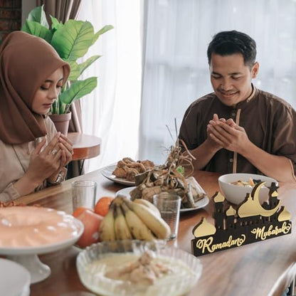 Wooden Acrylic Ramadan Decorations for Home 2026, Gold Black Ramadan Mubarak Eid Kareem Sign Stand, Wood Islamic Table Centerpiece Fireplace Office Desk Mosque Decor, Arabic Muslim Gifts