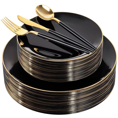 DaYammi 150Pcs Black Plastic Plates with Gold Silverware,Black Disposable Plates Set Included 30 Dinner Plate,30 Dessert plate,30 Knives,30 Forks,30 Spoons,black and gold plates for Party Wedding - color: Black/Gold
