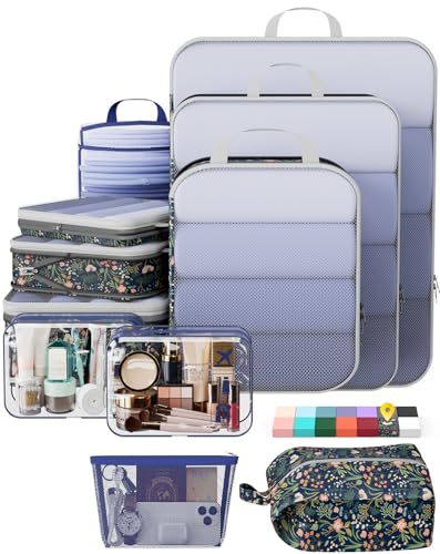 Veken 11 Set Compression Packing Cubes for Travel Essentials,Compressible Expandable Luggage Suitcase Organizer Bags for Clothing,Space Saver Bags with Over 1000 pcs of Mesh Holes(Dark Blue Floral) - color: Dark Blue Floral, size: 11 set