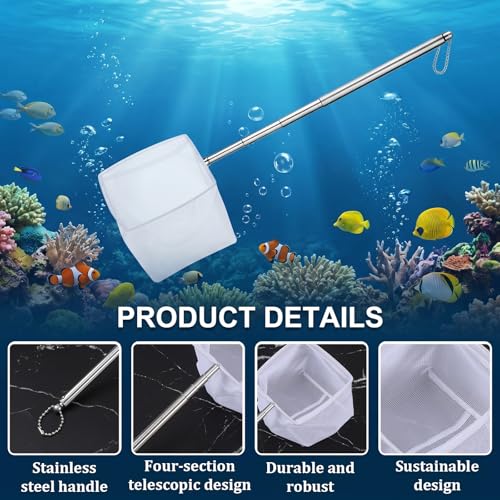 4 Pack Aquarium Fish Net, 3", 3.74" Shrimp Nets Small Fish Net for Tank Aquarium Fishes Nets with Extendable Handle for Shrimp Bettas Fishes Tank (White, Round and Square)