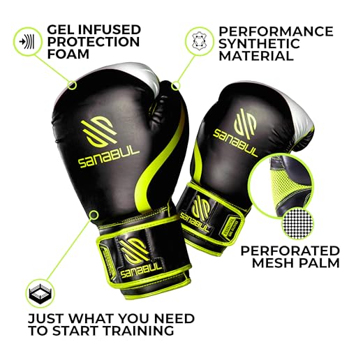 Sanabul Essential Gel Boxing Gloves for Men & Women, Kickboxing MMA, Muay Thai Gloves and Heavy Bag Training Punching & Sparring - color: Black/Green, size: 10 oz