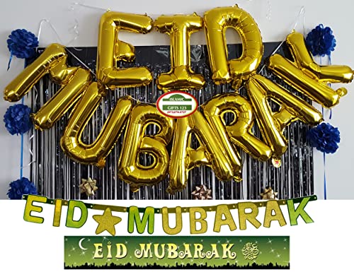 Eid Mubarak Balloon Banner[3 Pc Set] Eid Decoration Gold set Happy Eid Islamic Wall Decor Hilal Islamic Muslim Eid Party Supply Ramadan Decor | Muslim Holiday party set Happy Eid Islamic Gifts 123