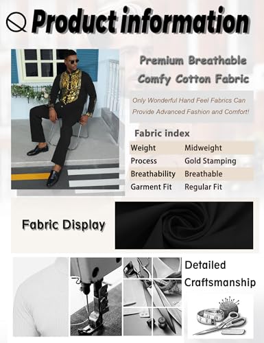 Mens African 2 Piece Sets Dashiki Metallic Traditional Suit Gold Stamp Printed Shirt and Pants Outfit - color: Black, size: X-Large