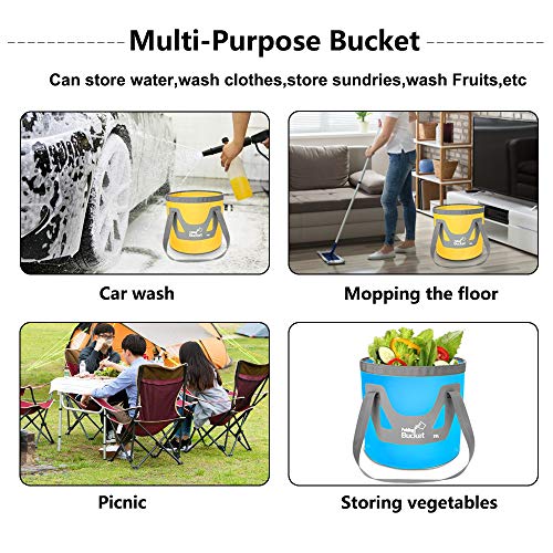 Collapsible Bucket with Handle 5 Gallon Portable Folding Bucket Upgraded Ultra Lightweight Outdoor Basin Pail for Fishing, Camping, Hiking, Car Washing and More (Blue Yellow, 20L-12L)