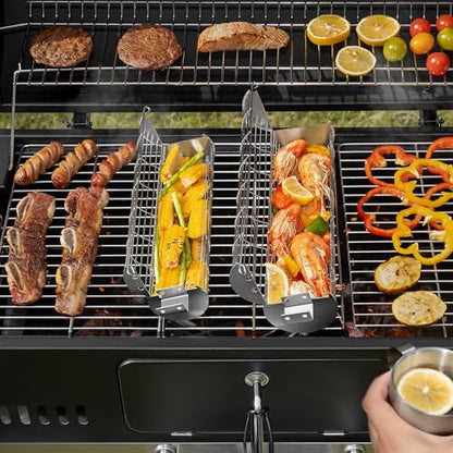 Rolling Grill Basket, Removable Wooden Handle, Extra Sturdy Cylinder Grilling Basket, Food Grade Stainless Steel, Portable Outdoor Camping accessories BBQ Net Rack, Cooking Griller for Fish, Vegetables, and More - Gifts for Men Dad Husband - Set of 2