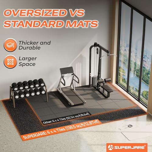 SUPERJARE 30" x 30" Larger Rubber Top Exercise Equipment Mats, 0.56" Thick 24PCS 150 Sq Ft High-Density EVA Foam Interlocking Gym Flooring, Big Workout Mat for Home Gym, Floor Protection, Black/Grey - size: 24 Tiles (150 Sq Ft)
