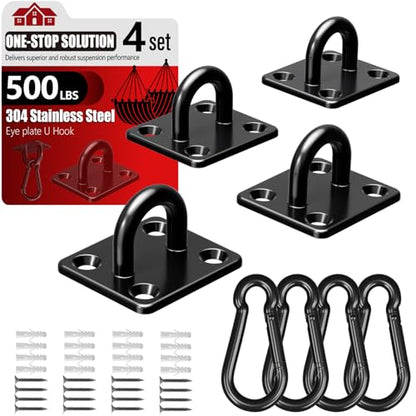 sprookber 304 Stainless Steel Pad Eye Snap Hooks, M5 Heavy Duty Ceiling Hooks, 500 lb Capacity Hammock Swing Hanging kit, Plant Hangers, Marine Hardware Staple Hook Loop with Screws, Set of 8(Black) | Hanging Kit with Screws for Hammock Chair Swing, Yoga