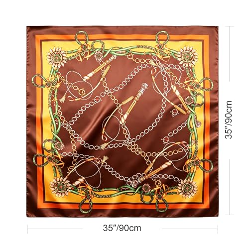 DRESHOW 35” Large Square Satin Head Scarf - 4Pcs Silk Accessories Classic Patterned Squares Beach Bandanas for Women - color: 4 Pcs Printed: Navy Blue, Black, Coffee, Dark Green