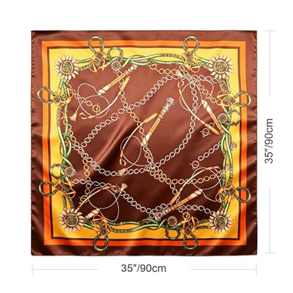 DRESHOW 35” Large Square Satin Head Scarf - 4Pcs Silk Accessories Classic Patterned Squares Beach Bandanas for Women - color: 4 Pcs Printed: Navy Blue, Black, Coffee, Dark Green