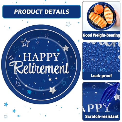 Qyeahkj 48Pcs Happy Retirement Paper Plates and Napkins Retirement Party Decoration Farewell Party Supplies Blue Silver Disposable Paper Dessert Tableware Set for Women Men Leaving Graduation Serve 25 - style: Retirement