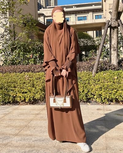Muslim Prayer Abaya Islamic Women's Khimar Pure Color Hijab Dress Long Sleeve Dubai Kaftan - color: Coffeehijab