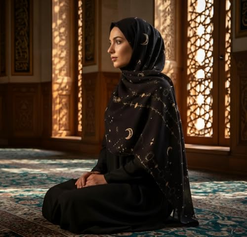 Hijab Modest and Elegant | Beautifully Designed Printed Chiffon Patterns | Muslim Women Head Scarf and Veil - color: Black M