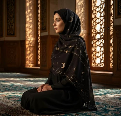 Hijab Modest and Elegant | Beautifully Designed Printed Chiffon Patterns | Muslim Women Head Scarf and Veil - color: Black M