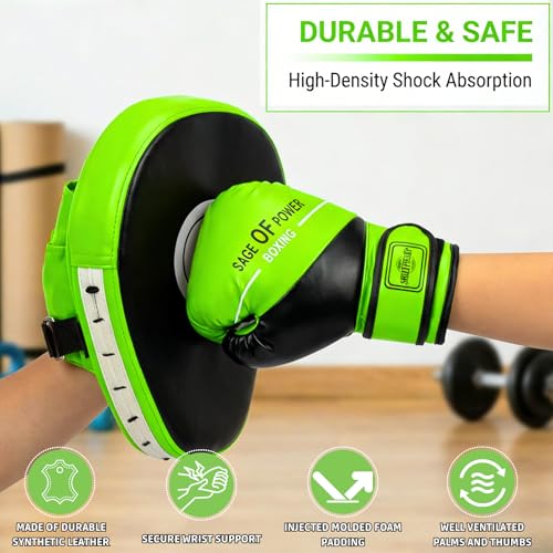3-in-1 Boxing Gloves and Punching Mitts Set for Kids, Boxing Mitts Focus Pads with Hand Wraps for Kid, Youth Leather Punching Equipment Gloves Set for MMA, Karate, Muay Thai, Taekwondo - color: Green