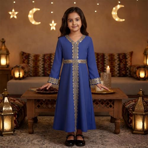 OBEEII Girls Muslim Abaya Ramadan Long Bell Sleeve V Neck Sequins Church Prayer Dress with Belt Islamic Eid Robe Kaftan - color: Royal Blue-sequins, size: 8-9 Years