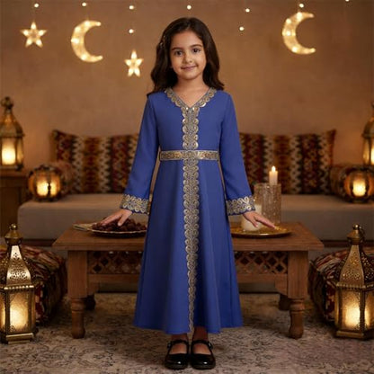OBEEII Girls Muslim Abaya Ramadan Long Bell Sleeve V Neck Sequins Church Prayer Dress with Belt Islamic Eid Robe Kaftan - color: Royal Blue-sequins, size: 8-9 Years