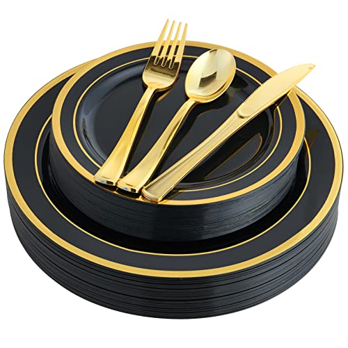 JOLLY CHEF 25 Guests Plastic Plates Set Gold Disposable Dinnerware Set - color: BLACK GOLD Round-125pack