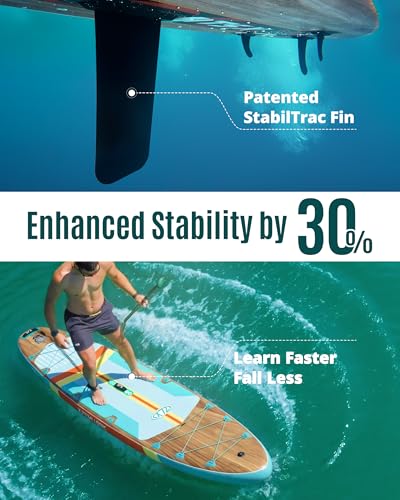ZLX 11'6"x35" Ultra Wide Inflatable Stand Up Paddle Board | Stable Non-Slip Deck Pad, Unique Fin System, Premium SUP Accessories & Backpack - Upgraded Pump for Adults, All Skill Levels - color: Brown Wood