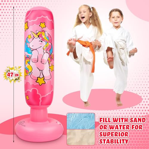 2 Pcs 47" Kids Punching Bag Girls Stable Inflatable Boxing Bag Unicorn Heavy Punch with Instant Bounce Back Movement Kids Workout Equipment Karate Gifts for Girls Karate Taekwond