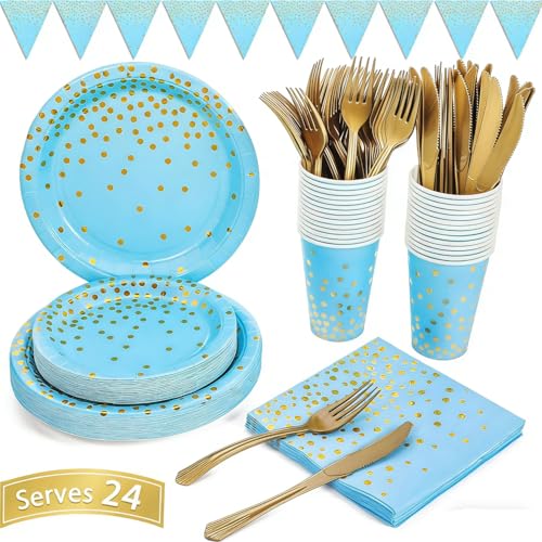 Blue and Gold Party Supplies 145PCS Golden Dot Disposable Party Dinnerware Includes Paper Plates, Napkins, Knives, Forks, Cups, Banner, for Baby Shower, Boy Birthday, Serves 24 - color: Blue Gold (Serves 24)