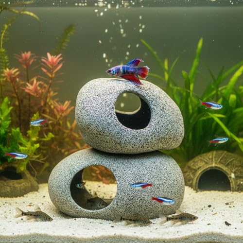 Aquarium Cave Decor - 2 PCS Natural Fish Tank Rocks for Betta Hideout and Shrimp Breeding, Hand-Polished Smooth Edges, PH Neutral, Ideal for 5-20 Gallon Tanks, Aquascaping Stone Ornaments - style: Small+Large-2 PIECES SET