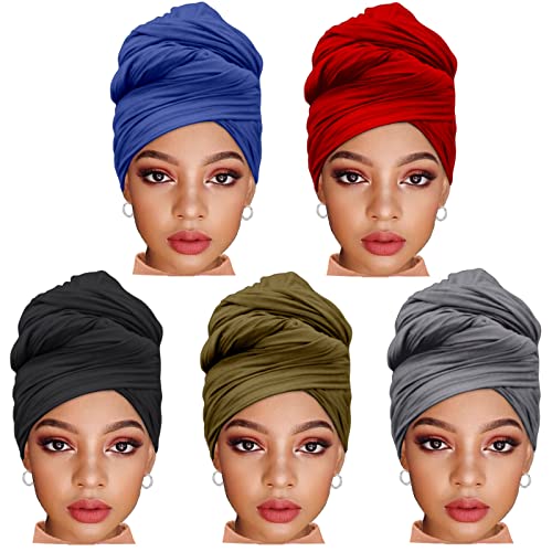 ZRQ 5 Pieces Knit Headscarf African Hair Scarf Jersey Turban Tie Headwraps Extra Long Soft Lightweight Comfortable for Black Women (Black,Bright Burgundy,Army Green,Denim Blue,Dark Gre) - color: Black,Bright Burgundy,Army Green,Denim Blue,Dark Grey