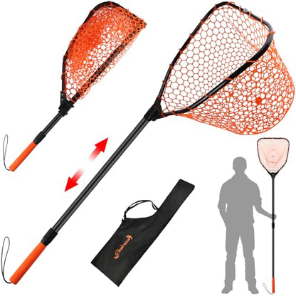 Rubber Fishing Landing Nets Telescopic Handle Nets Folding Nets with Collapsible Handle for Catch & Release Fishing Gift 17.6" dia-13.7" Depth Black/Orange - color: Orange