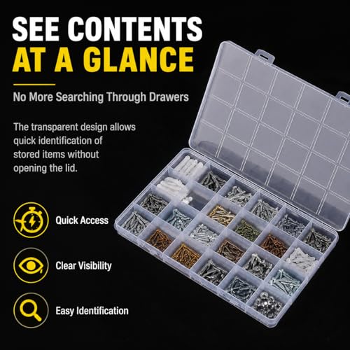 2 Pcs 24 Grid Plastic Organizer Boxes Small Parts Organizer Bead Storage Containers Jewelry Findings Organizers Box Earring Screw Holder Transparent Storage Case with Fixed Dividers