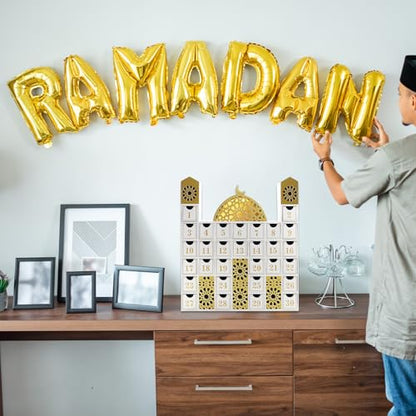gisgfim Ramadan Wooden Countdown Calendar Eid Mubarak Decorations Mosque Advent Calendar with Drawers Eid Mubarak Countdown Til Eid Gift Ramadan Wooden Craftwork for Kids Ramadan Party Decorations