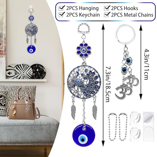 Evil Eye Car Charm Key Chain Car Hanging Accessories 4 Pack - Turkish Evil Eye Wall Decor Nazar Amulet Boncugu Peacock Hindu OM Diwali Decor Home Window Door Entryway Shrine Spiritual Ornaments