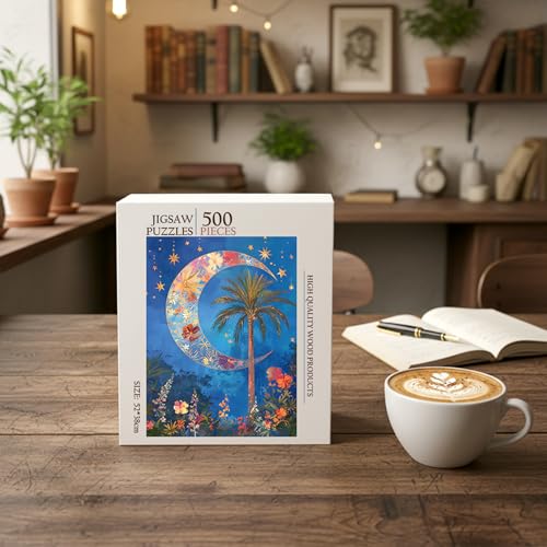Islamic Crescent Moon Palm Tree Islam Jigsaw Puzzle - 500 Pieces Wooden Puzzle for Adults, Wall Art Gift, Finished Size: 20 x 15 Inch - color: Islamic Crescent Moon Palm Tree - 500 Pieces