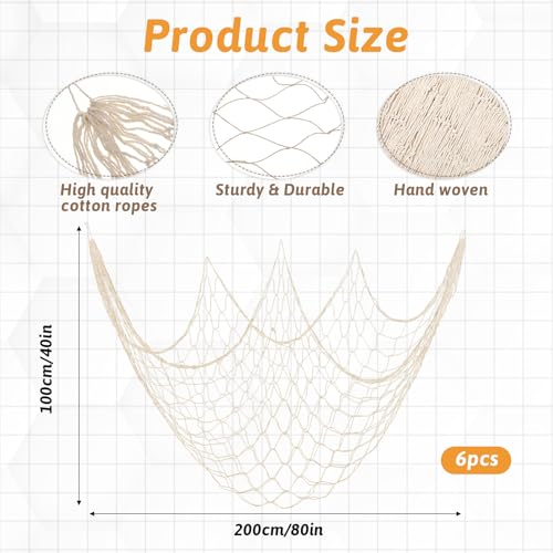 6 Pcs Natural Fish Net, 80 x 40 Inch Natural Cotton Fish Net Decorations, Ocean Themed Wall Hanging Fishing Nets for Sea Party, Beach Party, Wall Decor, Table Decor (Beige) - size: 6 Pcs