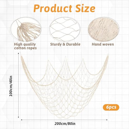 6 Pcs Natural Fish Net, 80 x 40 Inch Natural Cotton Fish Net Decorations, Ocean Themed Wall Hanging Fishing Nets for Sea Party, Beach Party, Wall Decor, Table Decor (Beige) - size: 6 Pcs