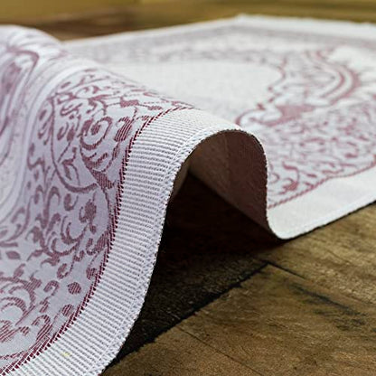 Modefa Muslim Woven Chenille Prayer Rug, Ottoman White/Blue + White/Pink | Thin Chenille and Taffeta Turkish Intricate Metallic Ottoman Salah Mat - color: White/Blue + White/Pink
