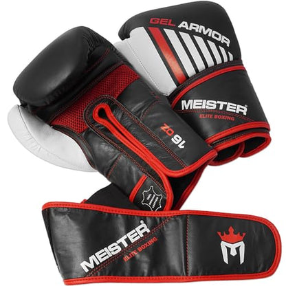 Meister Gel Armor 473.2ml(16온스) 트레이닝 복싱 장갑, 풀 그레인 가죽 + 메시 드로스트링 백 포함 | Built for heavy hitting with gel-lined impact foam protection, secure oversized wrist support and breathable palm