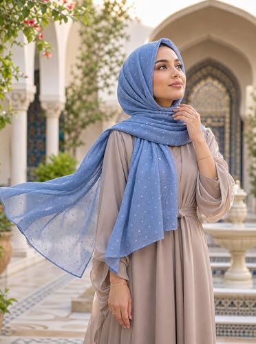 Chiffon Dotted Hijab Scarf for Women, Lightweight Textured Head Wrap Shawl,Soft Muslim Headscarf for Spring Fall - color: Mcmqxf2531-6#hazyblue