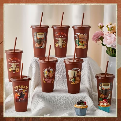 Chuangdi 12 Pcs Western Cowboy Plastic Tumbler, 24 oz Reusable Western Theme Party Plastic Tumbler with Lids and Straw for Rodeo Theme Party Christmas Gifts Birthday Supplies Decorations - style: Cowboy