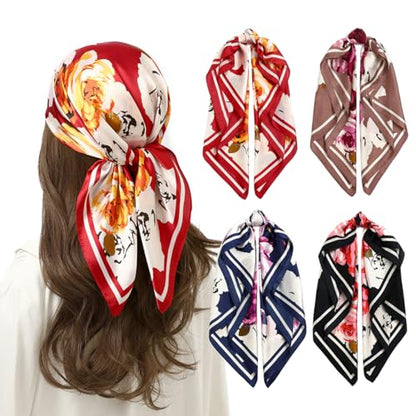 STARWHISPER 27" Square Head Scarf for Women Silk Feeling Satin Scarf Women Fashion Silk Scarf for Wrapping Hair - color: Peony4