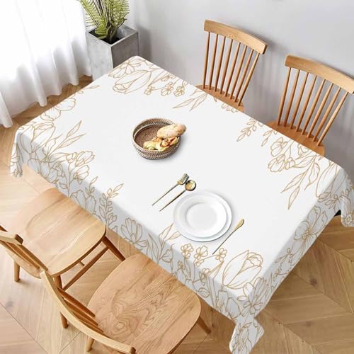 Gold Floral Line Art Tablecloth 60x84 Inch a Bouquet of Flowers,Branches,Leaves,Elegant Vintage Botanical Rectangle Table Cloth Decorations for Kitchen Home Dinner Party Outfoor Picnic - color: Gold Floral Line